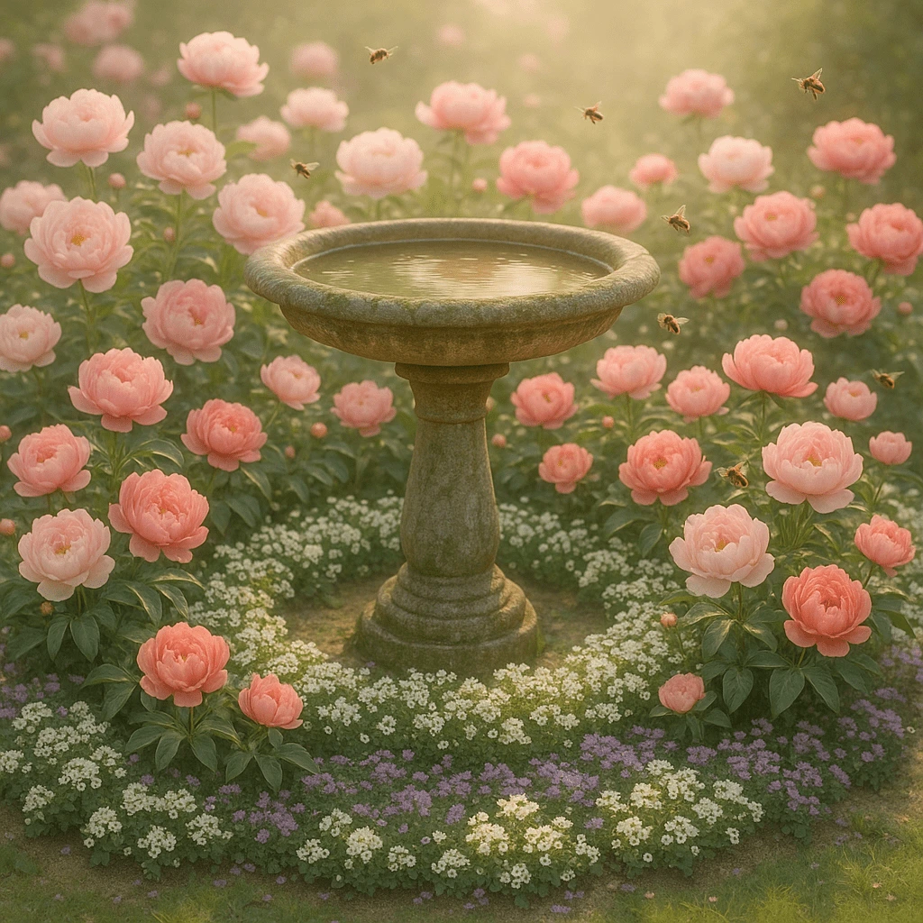 Peonies Around a Birdbath