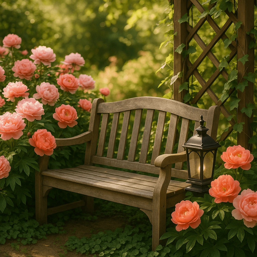 Peonies Around a Garden Bench