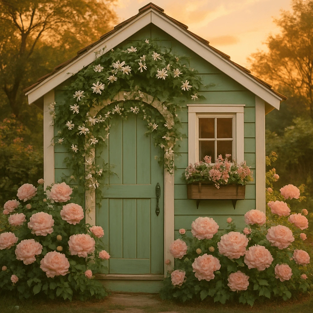 Peonies Around a Garden Shed