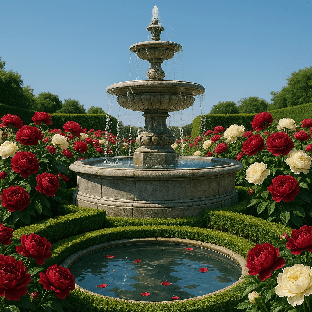 Peonies Framing a Fountain
