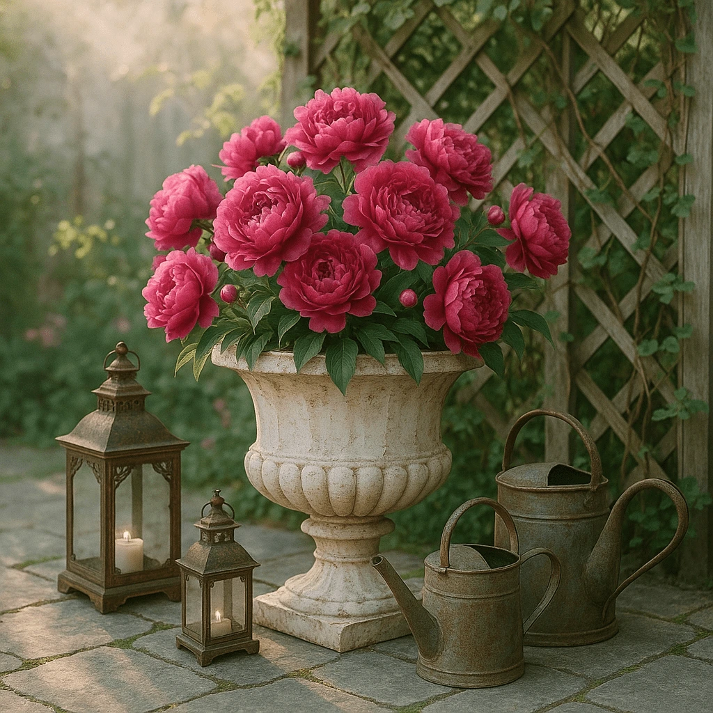 Peonies in Antique Containers