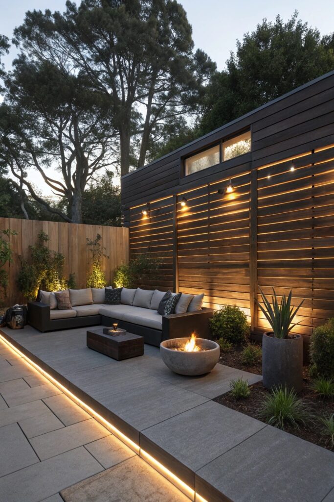 Treated Wood Fence with Built-In Lighting
