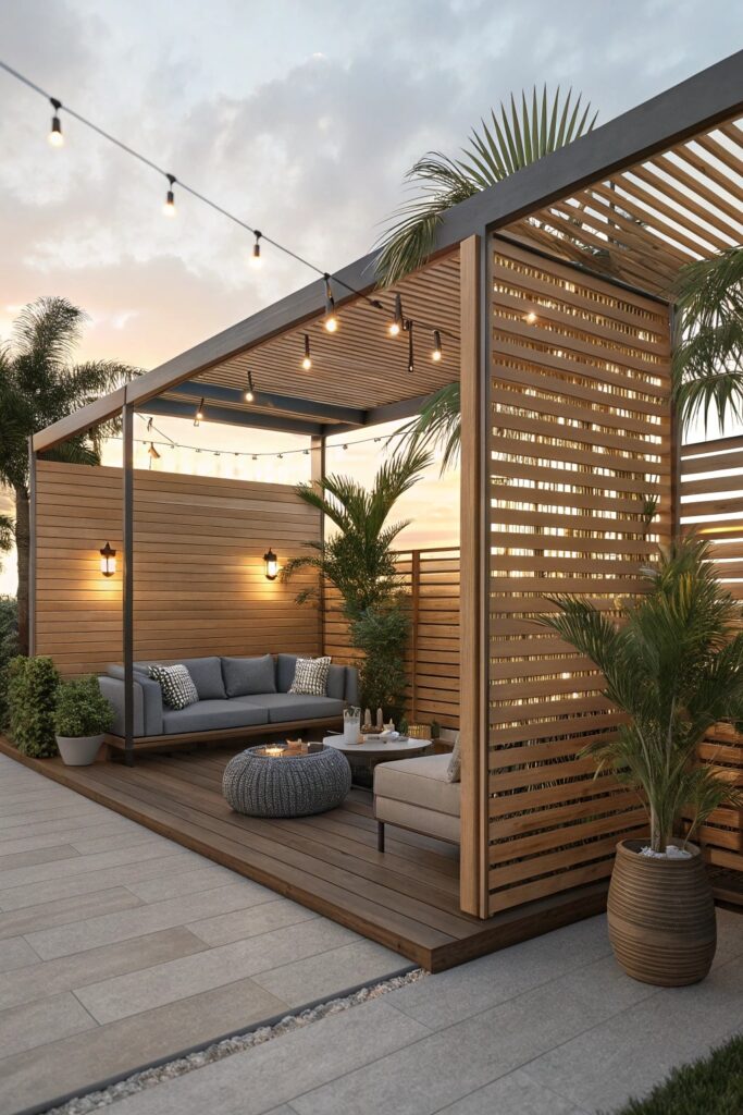 Horizontal wooden slat privacy screen