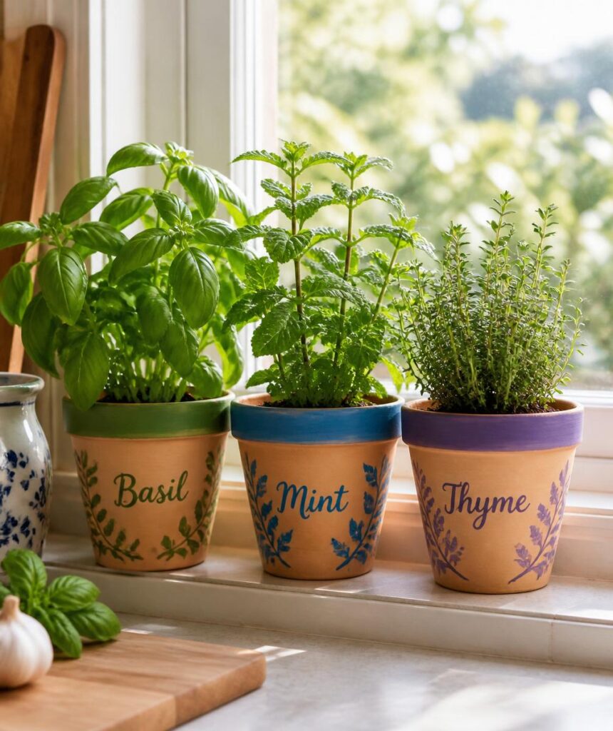 Painted Terracotta Pot Herb Garden